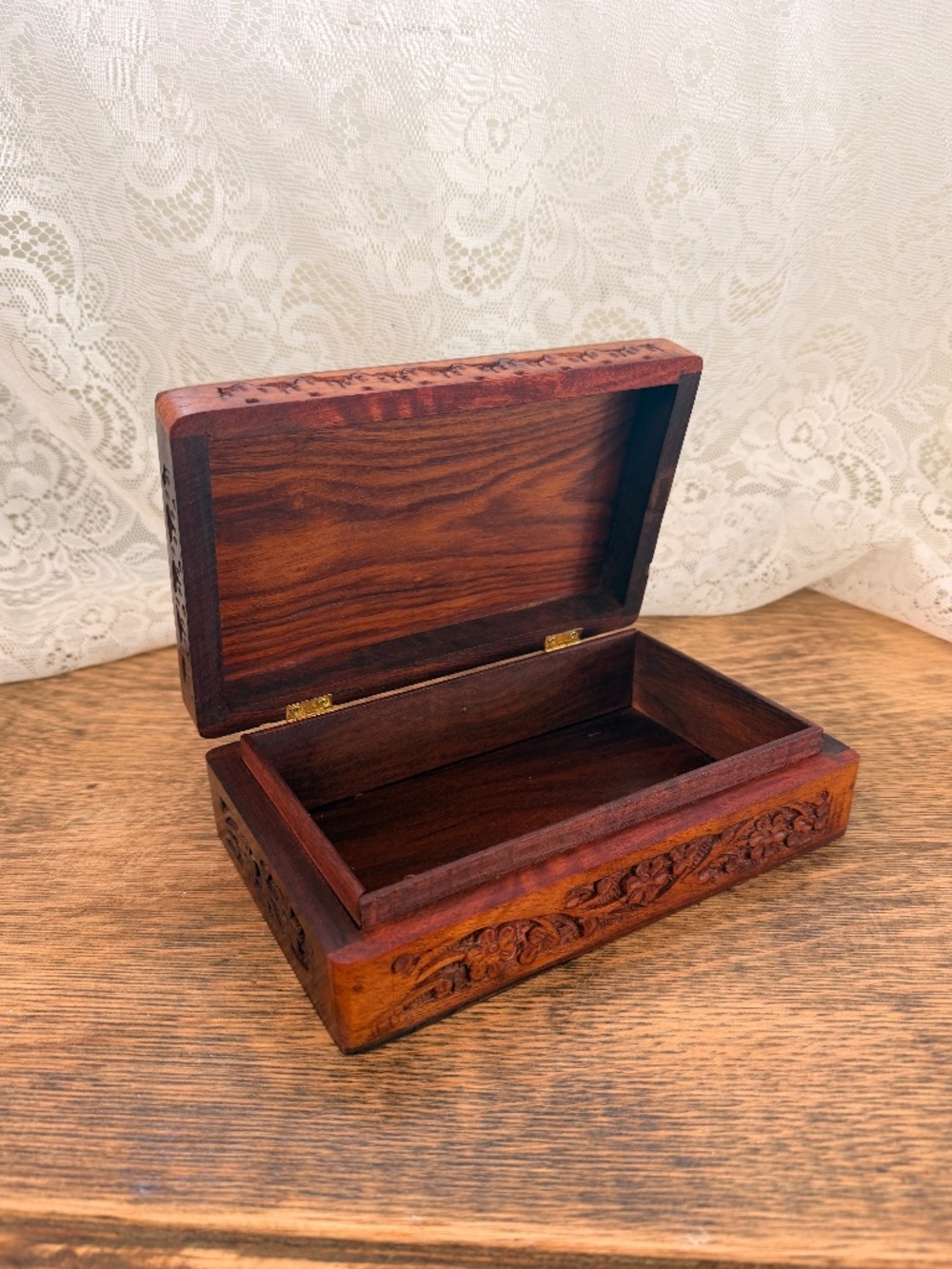 Vintage Hand Carved Wooden Jewelry Box // Boho Floral Keepsake Trinket Box